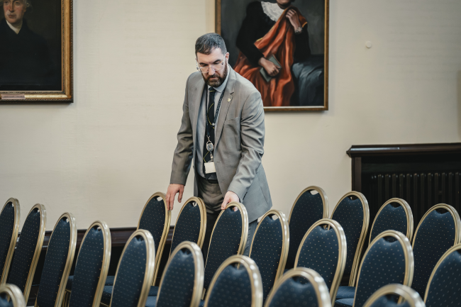 College hall being set for a ceremony